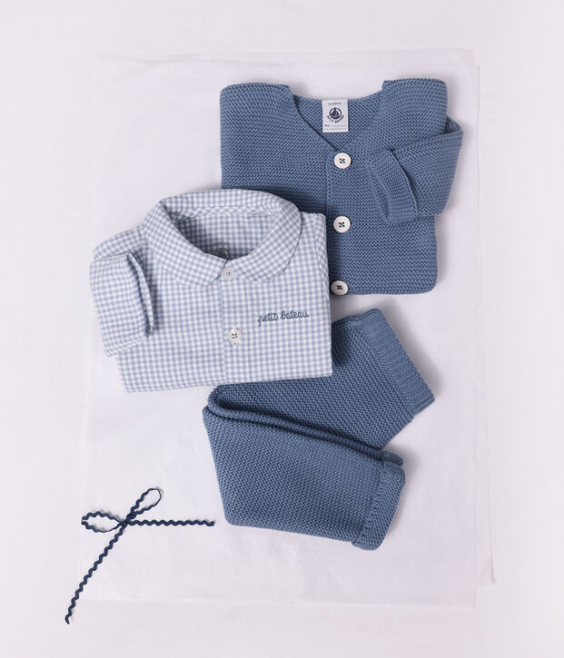 Cardigan b&eacute;b&eacute; tricot point mousse en coton uni bleu