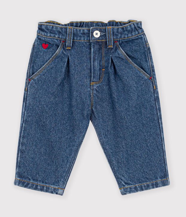 Effen spijkerbroek met geborduurd hartje voor baby's blauw