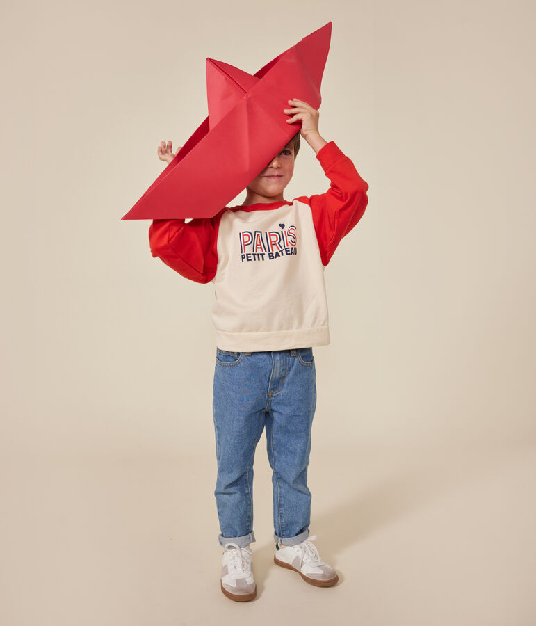 Sweatshirt in lichte fleece voor kinderen ecru/rood