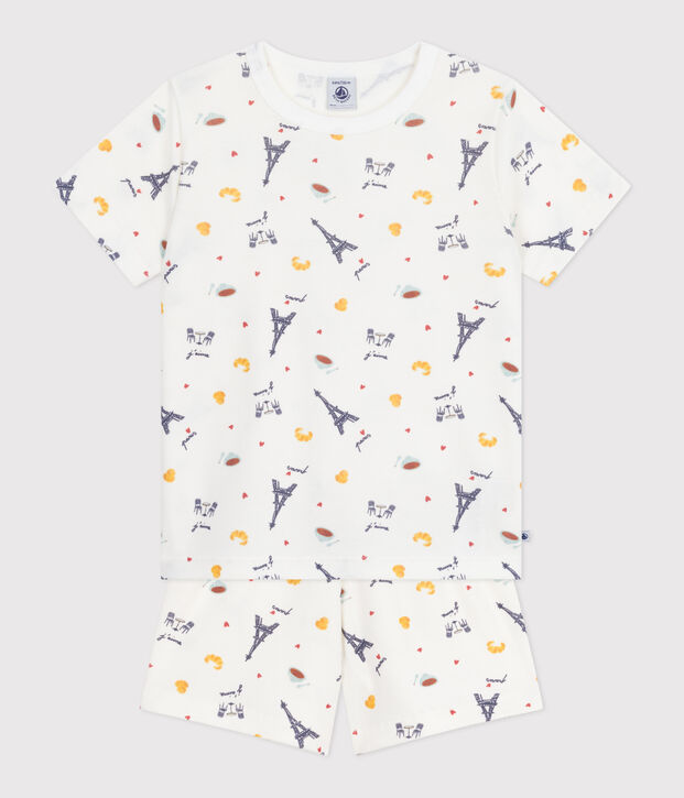 Pyjama short enfant en coton imprim&eacute; Paris blanc/multicouleur