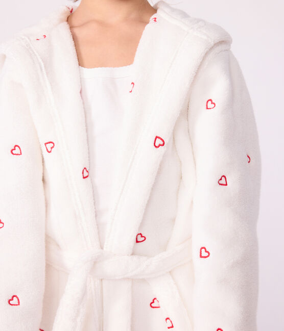 Badjas van katoenen badstof met geborduurde hartjes voor kinderen wit MARSHMALLOW/rood TERKUIT