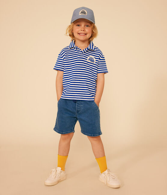 Polo met korte mouwen in bouclébadstof voor jongens blauw SURF/ AVALANCHE