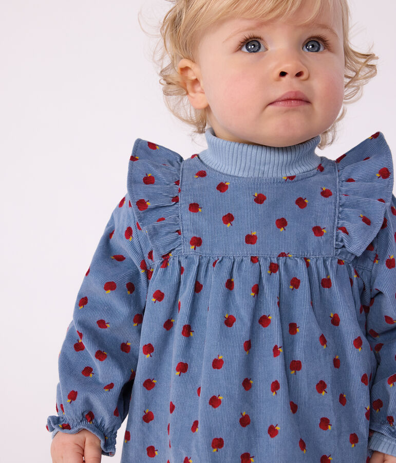 Robe b&eacute;b&eacute; en velours c&ocirc;tel&eacute; manches longues imprim&eacute;e pommes bleu/multicouleur