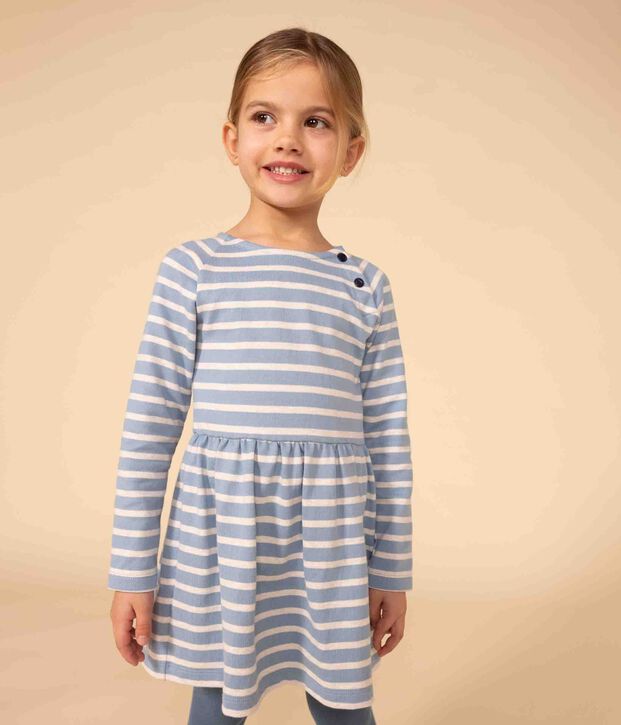 Robe manches longues en coton &eacute;pais &agrave; rayures enfant fille bleu/beige