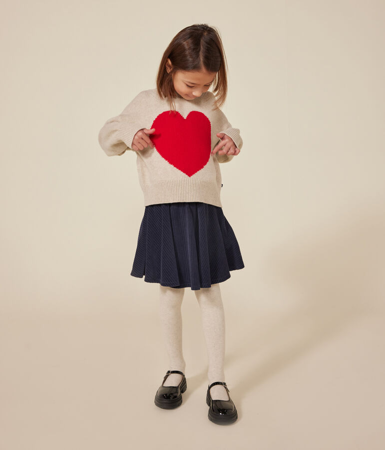 Pull laine et coton enfant fille &eacute;cru/rouge