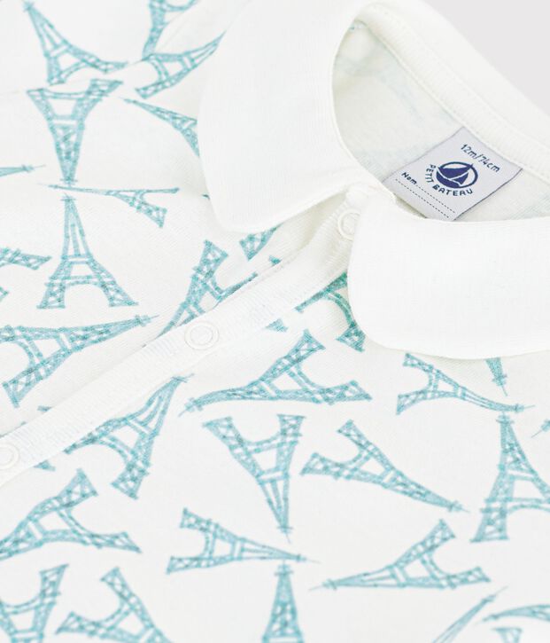 Kort katoenen kruippakje met kraag en Eiffeltorenprint voor baby's wit/groen