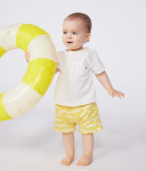 T-shirt met korte mouwen in gevlamde jersey voor baby's wit MARSHMALLOW