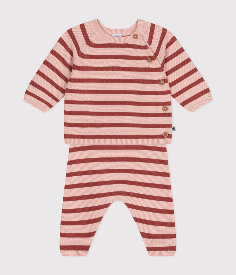 Ensemble 2 pi&egrave;ces en tricot de coton b&eacute;b&eacute; rose/marron