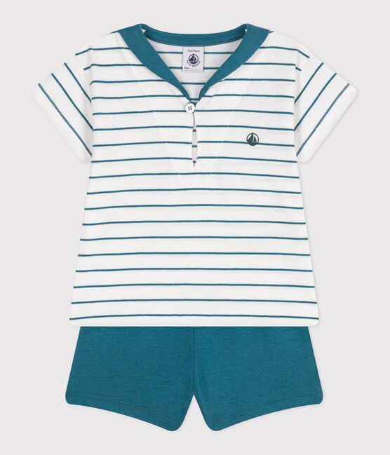 Tweedelig katoenen babysetje met gestreept T-shirt en effen short groen MARSHMALLOW/ DRAGONFLY