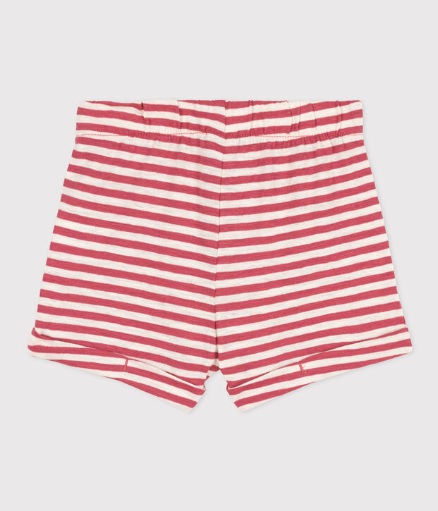Gestreepte babyshort van gevlamde jerseystof roze/ecru