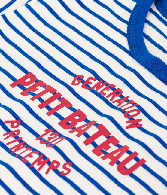 Gestreept katoenen T-shirt voor jongens/meisjes wit MARSHMALLOW/blauw PERSE