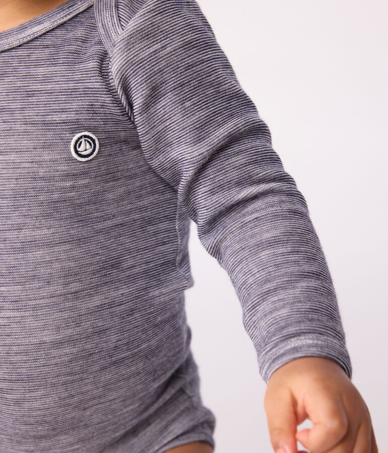 Body manches longues b&eacute;b&eacute; en laine et coton bleu SOIR/ MARSHMALLOW