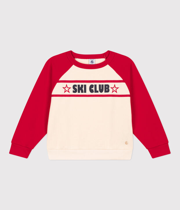 Sweatshirt en molleton enfant gar&ccedil;on ski club &eacute;cru/rouge