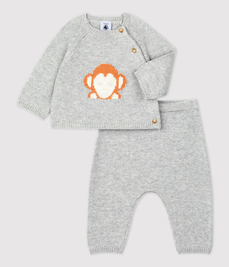 Ensemble 2 pi&egrave;ces jacquard en tricot bio b&eacute;b&eacute; gris BELUGA CHINE