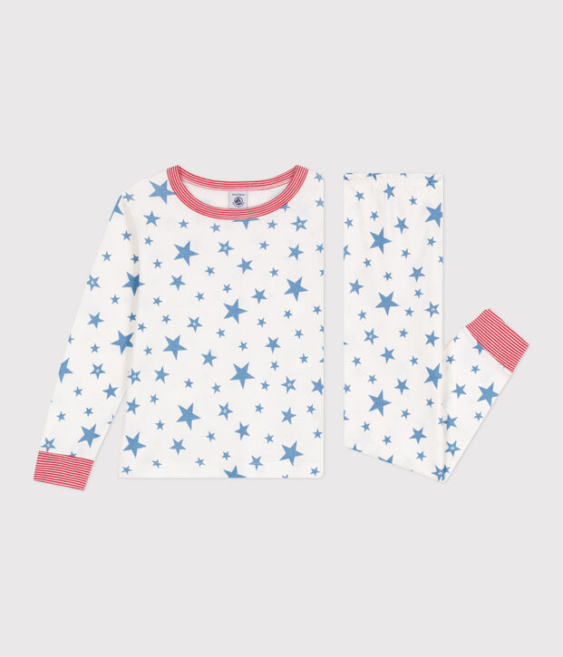 Katoenen kinderpyjama met sterrenprint wit/blauw