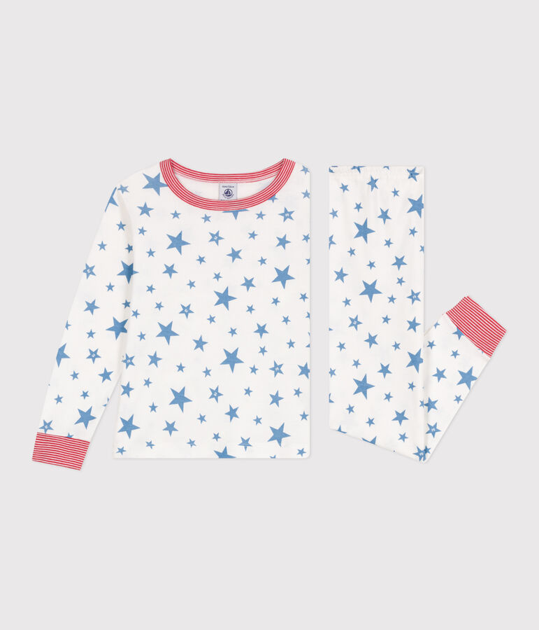 Pyjama enfant en coton imprim&eacute; &eacute;toiles blanc/bleu
