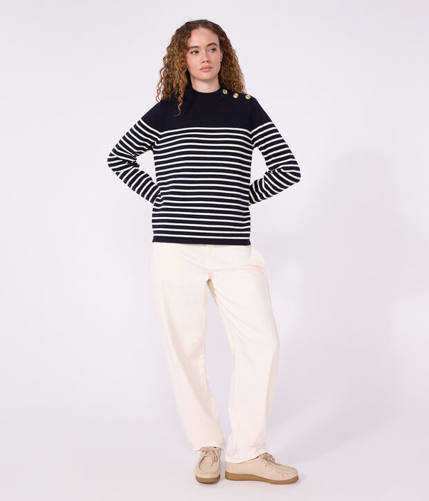 Pull esprit marin femme en laine et coton &agrave; rayures bleu/blanc