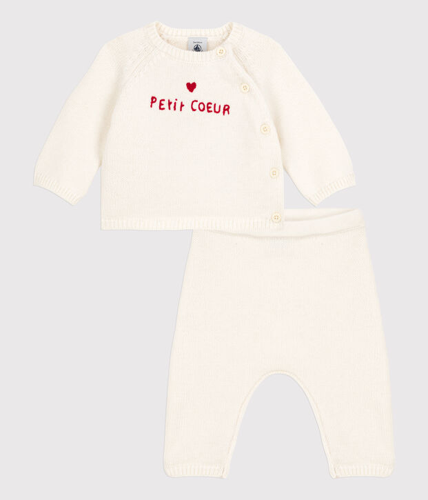 Ensemble 2 pi&egrave;ces b&eacute;b&eacute; en tricot laine et coton blanc