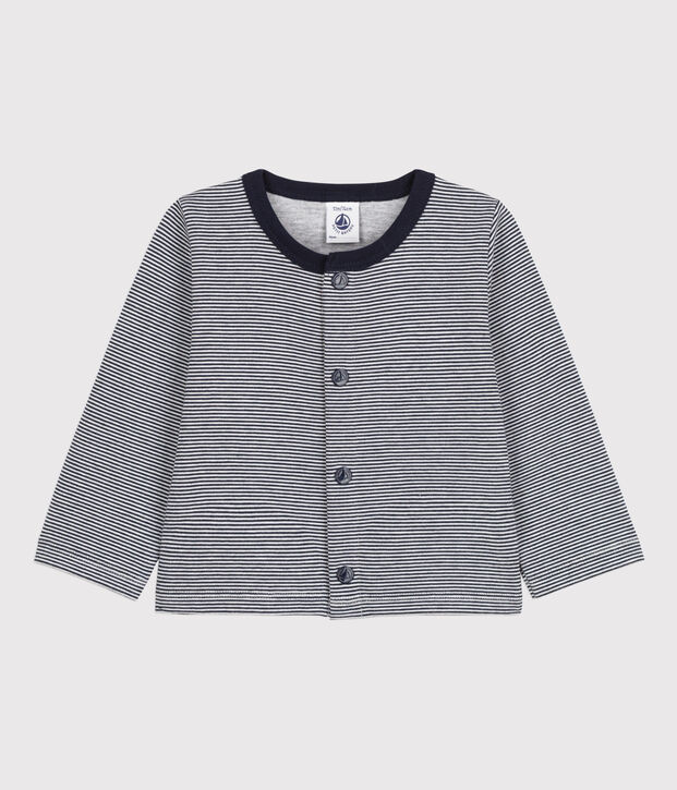 Cardigan b&eacute;b&eacute; ray&eacute; milleraies en jersey &eacute;pais bleu/blanc
