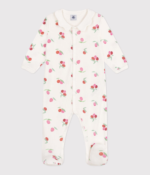 Katoenen babypyjama met golvend kraagje en vruchtenprint wit/multicouleur