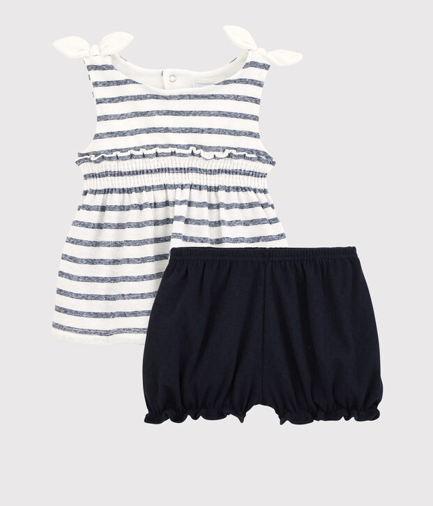 Set van katoenen/linnen blouse voor meisjes + bloomer wit/blauw