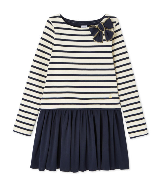 Robe fille bi-matière rayée beige COQUILLE/bleu SMOKING
