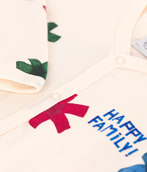 Katoenen babypyjama zonder voetjes met opdruk 'happy family' ecru/multicouleur