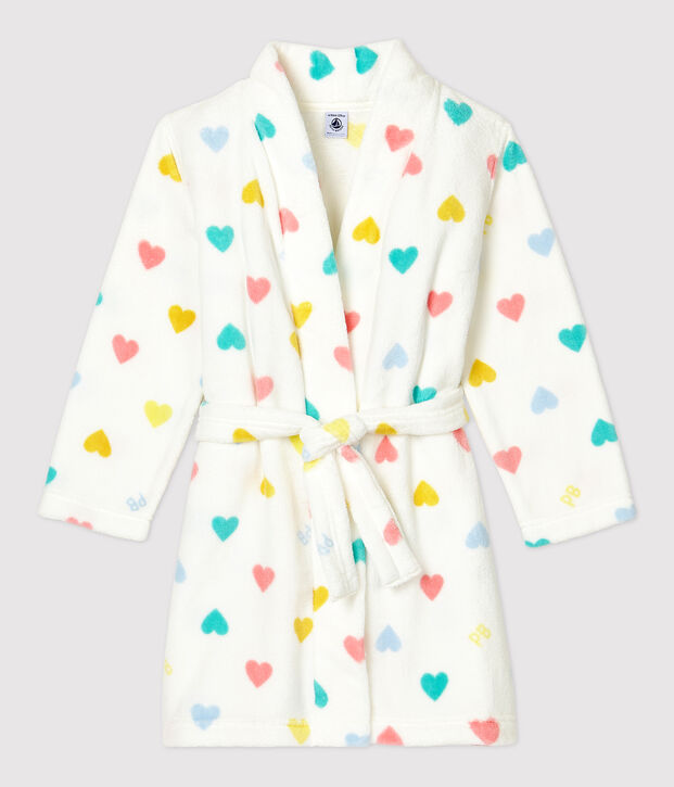 Robe de chambre c&oelig;urs multicolores petite fille en polaire blanc/multicouleur