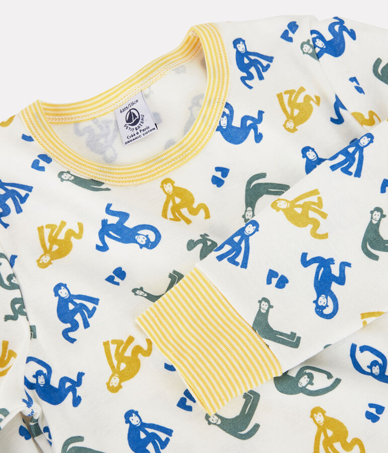 Katoenen jongenspyjama met fluorescerende aapjes wit MARSHMALLOW/wit MULTICO