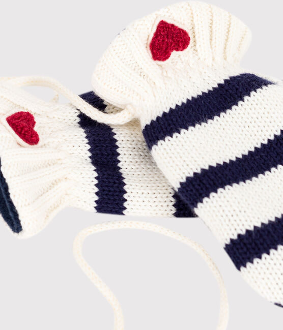 Gebreide gestreepte wanten met fleecevoering voor baby's blauw MARSHMALLOW/ SOIR