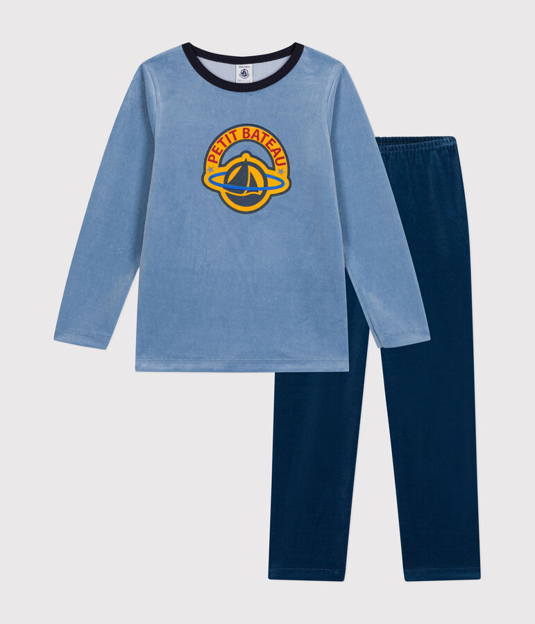 Pyjama uni en velours enfant bleu/bleu