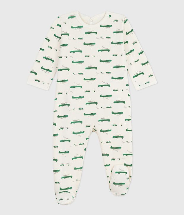 Babypyjama van geruwde fleece met opening op de rug en krokodillenprint ecru/multicouleur