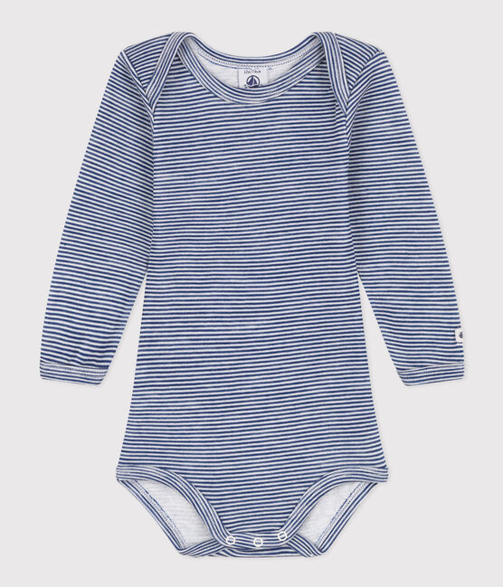 BABYBODY MET LANGE MOUW EN STREPEN IN WOL EN KATOEN blauw MEDIEVAL/wit MARSHMALLOW
