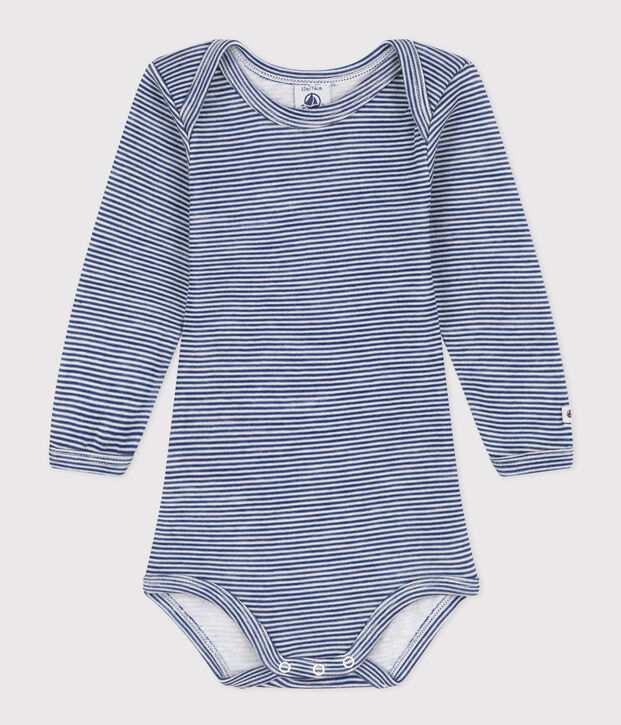BABYBODY MET LANGE MOUW EN STREPEN IN WOL EN KATOEN blauw/wit