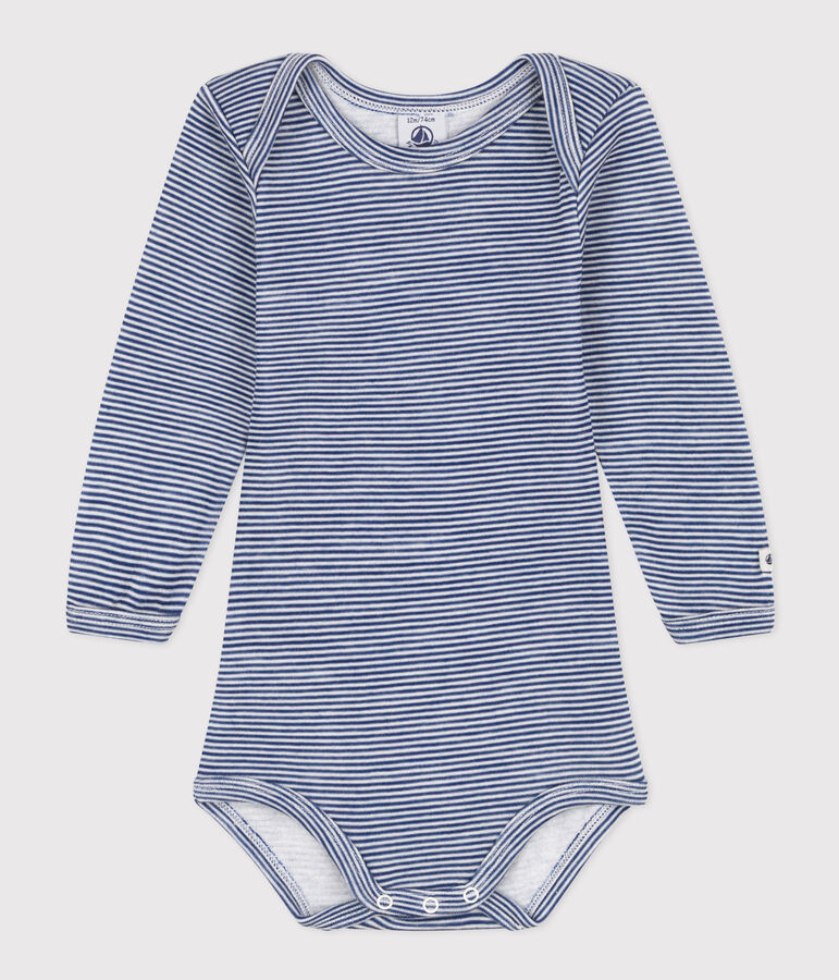BABYBODY MET LANGE MOUW EN STREPEN IN WOL EN KATOEN blauw/wit
