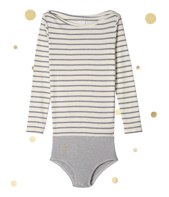 Damesbody met lange mouwen. Petit bateau x Marie-Agnès Gillot beige COQUILLE/grijs SUBWAY