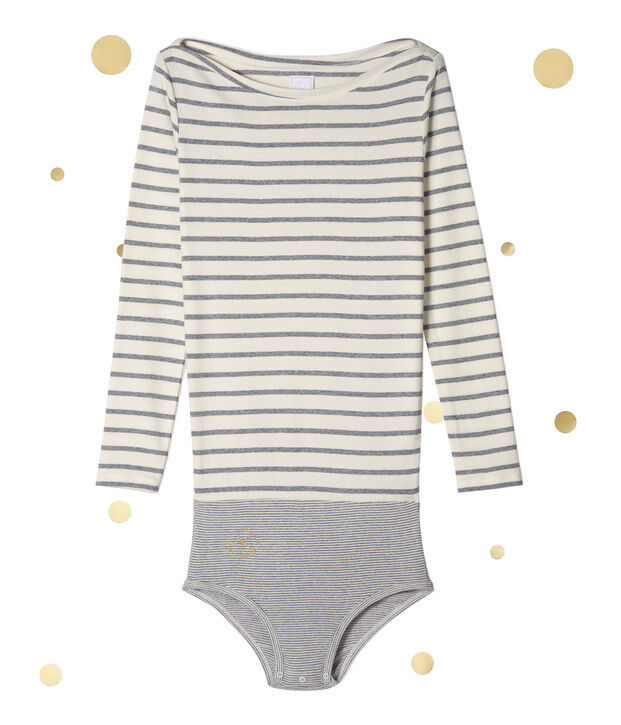 Damesbody met lange mouwen. Petit bateau x Marie-Agn&egrave;s Gillot wit/grijs