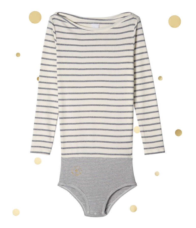 Damesbody met lange mouwen. Petit bateau x Marie-Agn&egrave;s Gillot wit/grijs