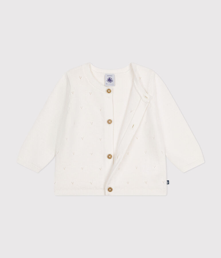 Gebreide babycardigan van ajourkatoen wit MARSHMALLOW