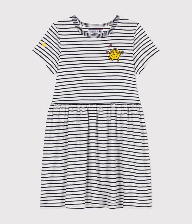 Katoenen meisjesjurk met Monsieur Madame-motiefje wit/blauw