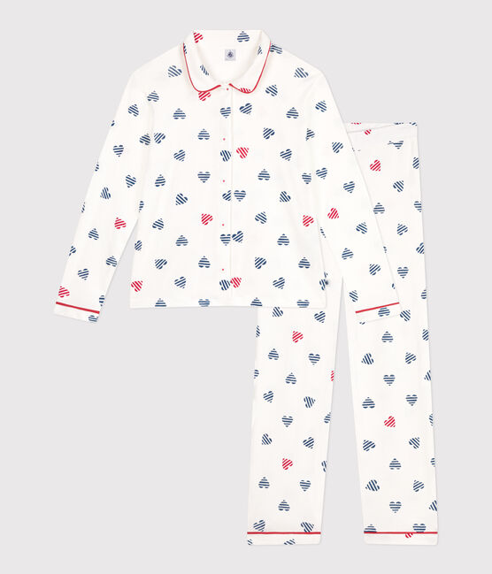 Pyjama femme en coton boutonné imprimé cœurs blanc MARSHMALLOW/blanc MULTICO