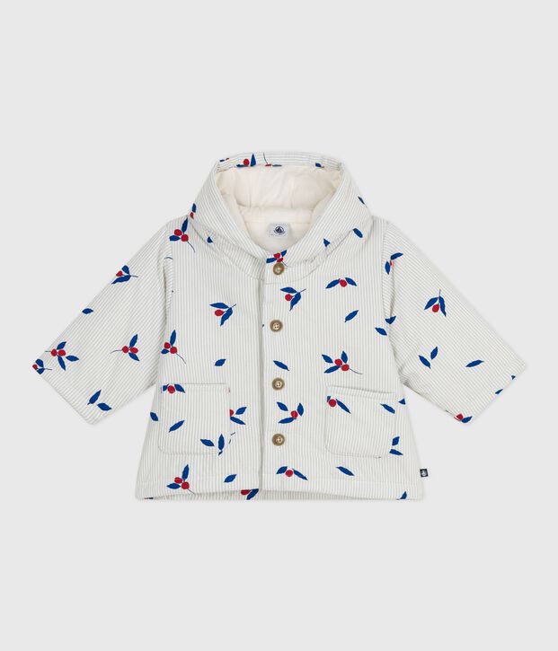 Babyjas met kap en wattering in poplin, afgewerkt met print blauw/multicouleur