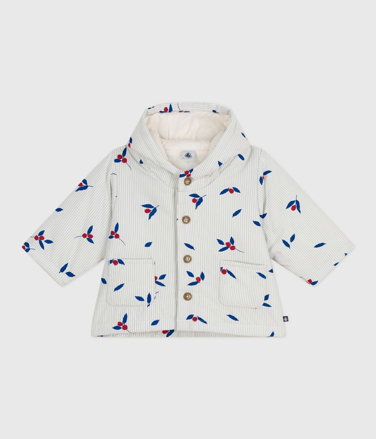 Babyjas met kap en wattering in poplin, afgewerkt met print blauw/multicouleur