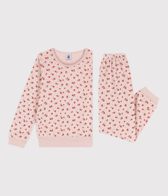 Fluwelen meisjespyjama met bloemetje roze SALINE/wit MULTICO