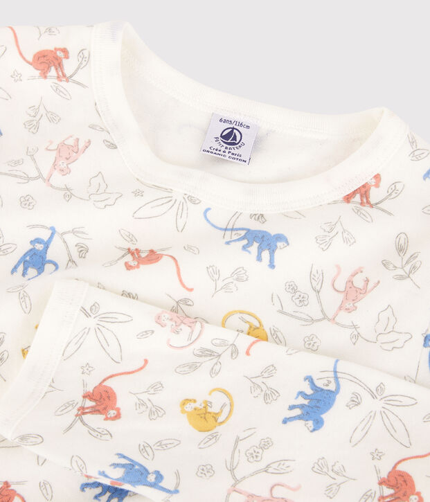 Pyjama met meerkleurige aapjes voor kleine meisjes/jongens in biokatoen wit/multicouleur