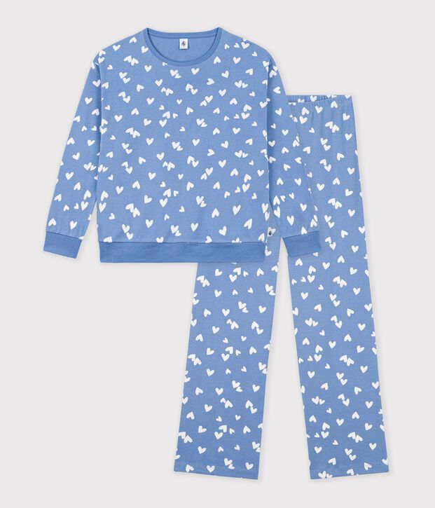 Pyjama femme en coton imprim&eacute; c&oelig;urs bleu/blanc