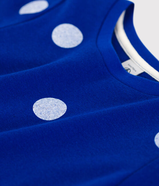 Katoenen-linnen T-shirt met korte mouwen voor meisjes blauw SURF/wit MARSHMALLOW