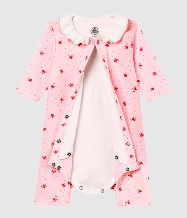 Bodyjama zonder voetjes voor babymeisje van 1x1 ribstof met print roze/multicouleur