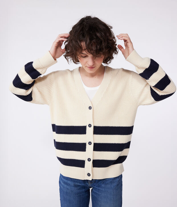 Katoenen damescardigan met strepen ecru/blauw