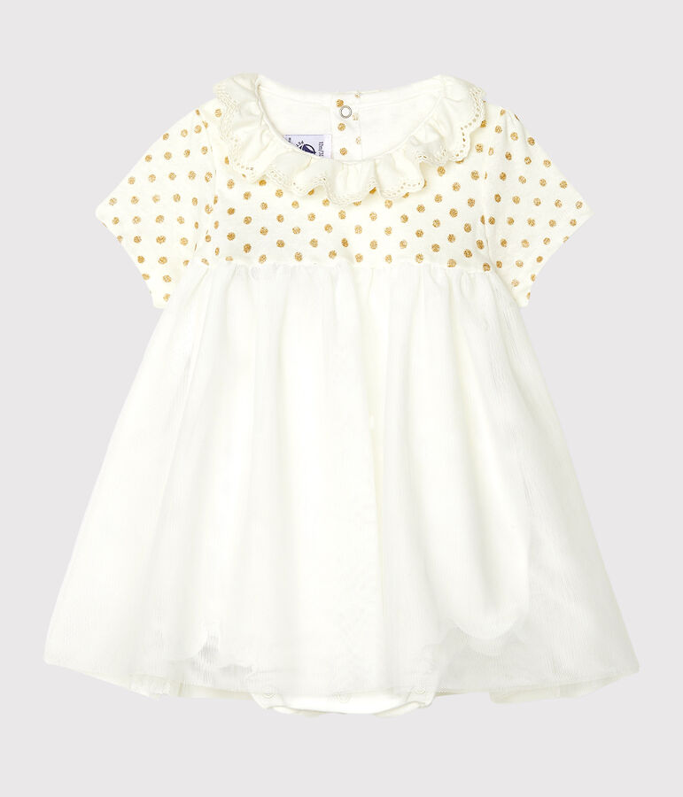 Robe body en coton lin b&eacute;b&eacute; fille blanc/jaune